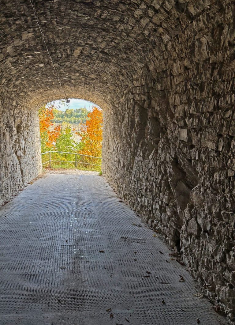 Hypnose öffnet den Weg zu dir selbst Steiniger Tunnel mit Blick auf einen farbenfrohen herbstlichen Außenbereich.