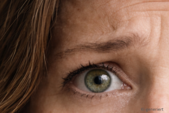 Mit Hypnose Ängste überwinden Nahaufnahme eines weiblichen menschlichen Auges mit grüner Iris, ängstlichem Ausdruck und sichtbaren Falten an der Stirn.