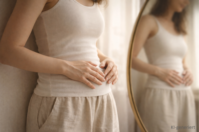 Mit Hypnose unerfüllten Kinderwunsch positiv beeinflussen Frau in einfacher Kleidung berührt sanft ihren Bauch vor einem Spiegel.