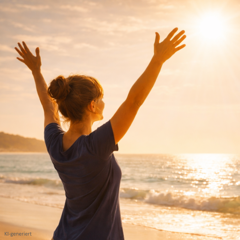 Mehr Lebensqualität, Energie und Selbstvertrauen durch Hypnose Frau am Strand mit erhobenen Armen, sie schaut in Richtung Sonnenuntergang im Hintergrund.