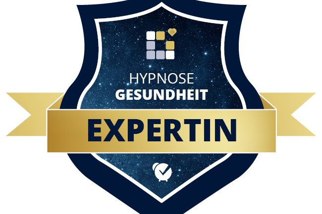 Hypnose Gesundheit Expertin Siegel Abzeichen für Hypnose Gesundheit Expertin mit goldener Schrift und sternenförmigem Hintergrund.
