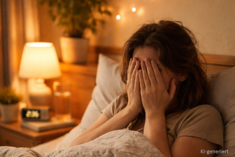 Mit Hypnose Schlafprobleme positiv beeinflussen Junge Frau sitzt im Bett und hält sich die Hände vors Gesicht. Sie kann nicht schlafen. Die Nachttischlampe leuchtet.