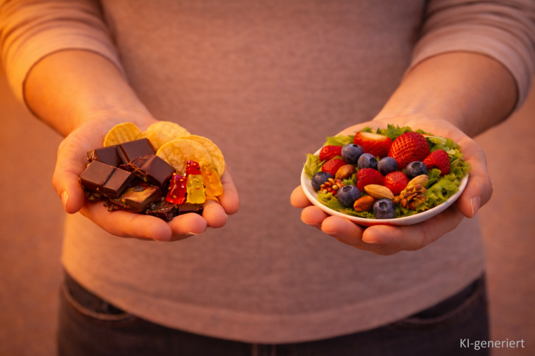 Mit Hypnose Essverhalten nachhaltig verändern Eine Hand hält Süßigkeiten, die andere Hand eine gesunde Salatschüssel mit Beeren und Nüssen.